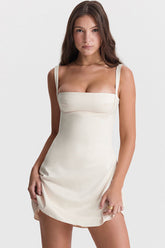 Satin Quadratischer Ausschnitt Strapsträger Sommer Party Minikleid - Beige Weiß